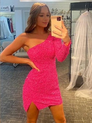 Short Velvet Sequin One Shoulder Long Sleeves Homecoming Dress / Prom Dress Melbourne