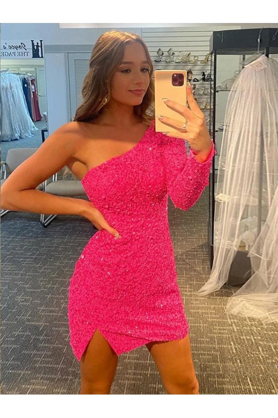 Short Velvet Sequin One Shoulder Long Sleeves Homecoming Dress / Prom Dress Melbourne
