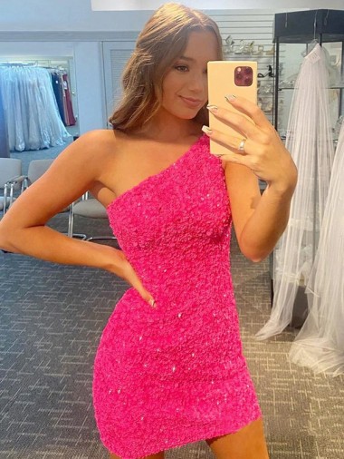 Short One Shoulder Sleeveless Velvet Sequin Homecoming Dress / Prom Dress Melbourne