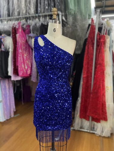 One Shoulder Keyhole Sleeveless Short Velvet Sequin Homecoming Dress / Prom Dress Melbourne