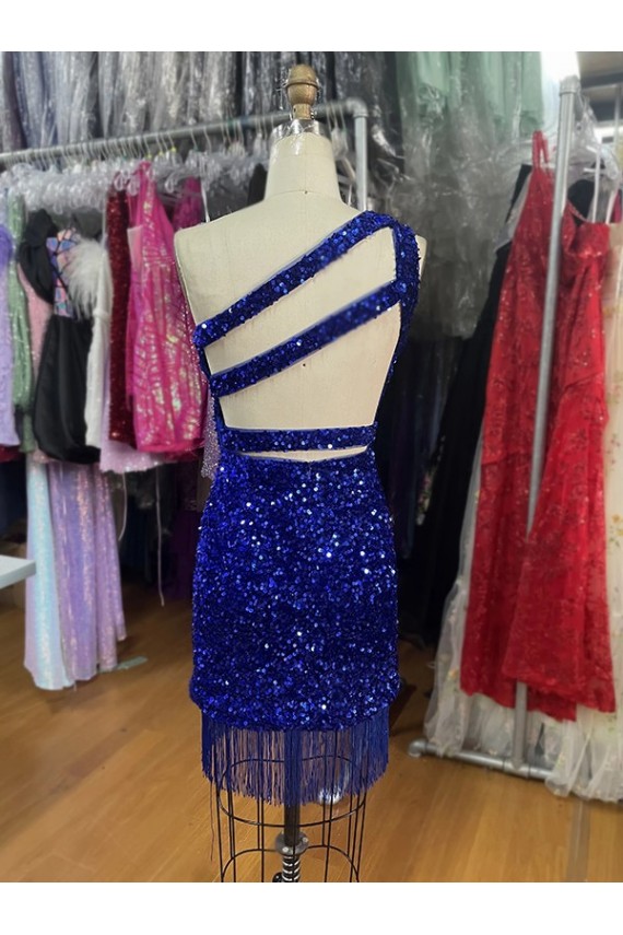 One Shoulder Keyhole Sleeveless Short Velvet Sequin Homecoming Dress / Prom Dress Melbourne