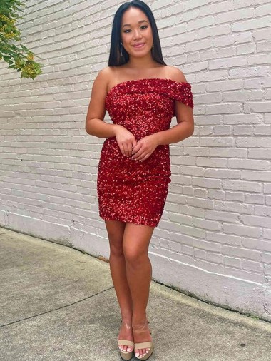Short One Shoulder Sleeveless Velvet Sequin Cocktail Homecoming Dress / Prom Dress Melbourne