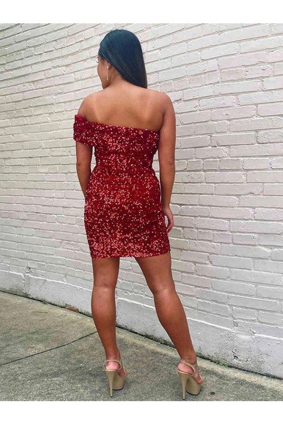 Short One Shoulder Sleeveless Velvet Sequin Cocktail Homecoming Dress / Prom Dress