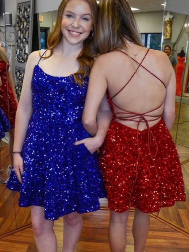 Shop A-Line Spaghetti Straps Sleeveless Short Velvet Sequin Homecoming Dress / Prom Dress Melbourne