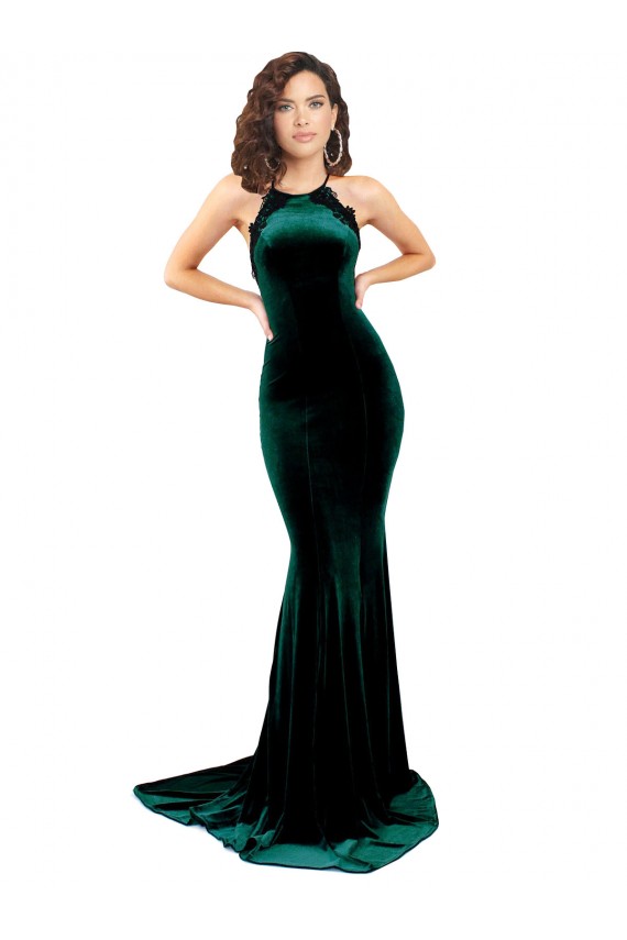 High Neck Formal Stretch Velvet Bridesmaid Dress / Prom Dress with Black Lace Embroidery Melbourne