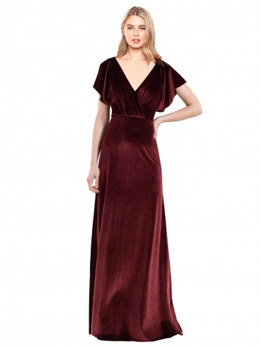 Shop Flutter Sleeves Open Back Long Velvet Bridesmaid Dress / Prom Dress Melbourne
