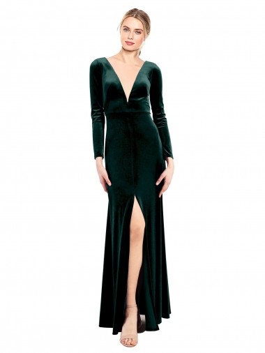 Shop Plunging V-Neckline Long Sleeves Open Back Velvet Bridesmaid Dress / Prom Dress Melbourne