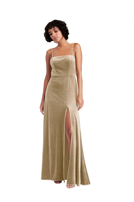 Square Neck Formal Velvet Maxi Bridesmaid Dress / Prom Dress with Front Slit Melbourne