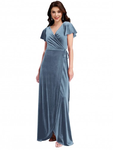 Shop Flutter Sleeve Velvet Wrap Maxi Bridesmaid Dress / Prom Dress with Pockets Melbourne