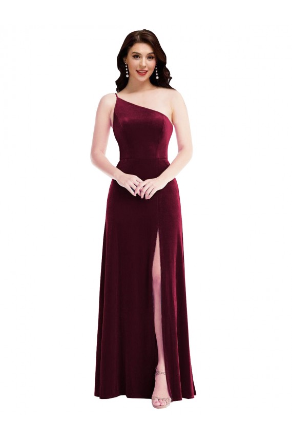 One Shoulder Spaghetti Strap Velvet Maxi Bridesmaid Dress / Prom Dress with Pockets Melbourne