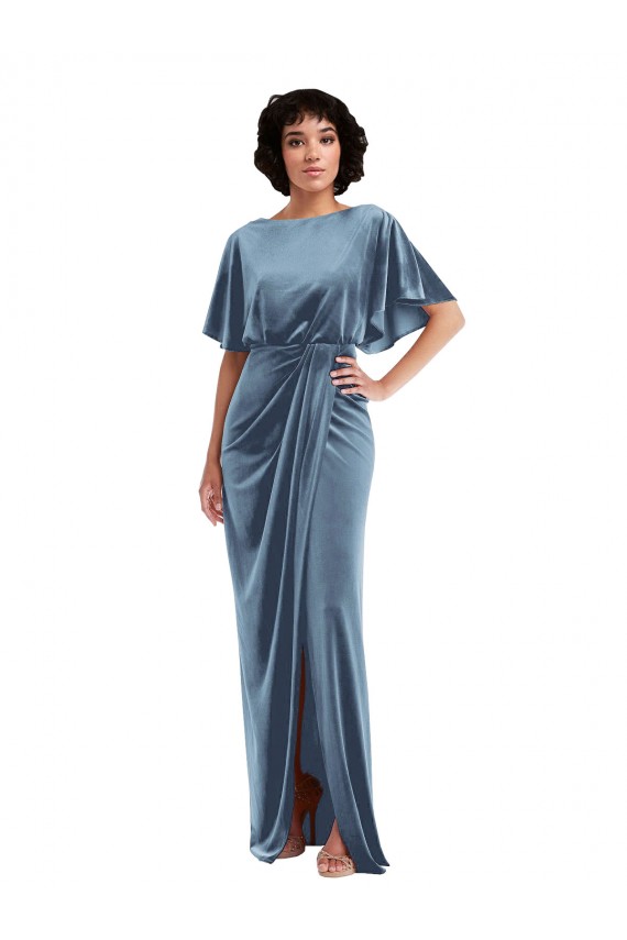 Flutter Sleeve Open Back Velvet Maxi Bridesmaid Dress / Prom Dress with Draped Wrap Skirt Melbourne