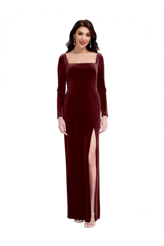 Sleek Square Neck Spaghetti Straps Velvet Bridesmaid Dress / Prom Dress with Side Slit Melbourne