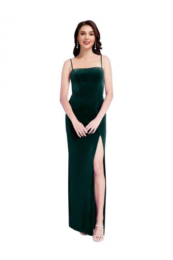 Straight Neckline Spaghetti Straps Long Velvet Bridesmaid Dress / Prom Dress with High Side Slit Melbourne