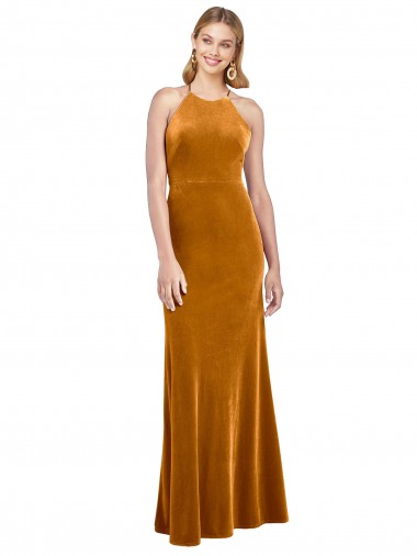 Shop Halter Neckline Long Full Length Formal Velvet Bridesmaid Dress / Prom Dress with Strappy Back Melbourne