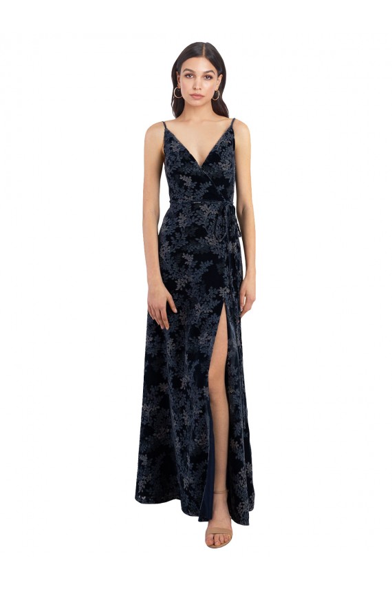 Floral Velvet Surplice V-Neck Long Bridesmaid Dress with V-Back Melbourne