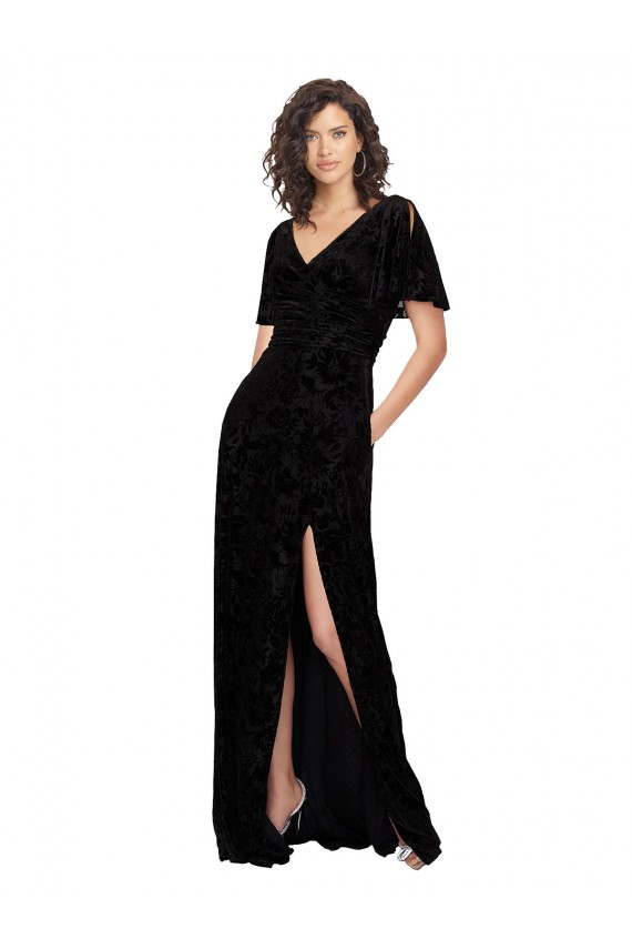 Split Sleeves V-Neck Floral Velvet Bridesmaid Dress with Front Slit Melbourne