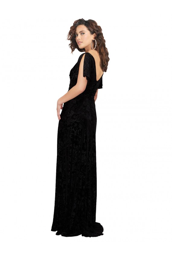 Split Sleeves V-Neck Floral Velvet Bridesmaid Dress with Front Slit Melbourne