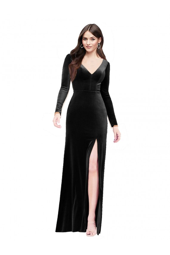 Long Sleeves Formal Velvet Bridesmaid Dress / Prom Dress with V-Neckline and Thigh Slit Melbourne