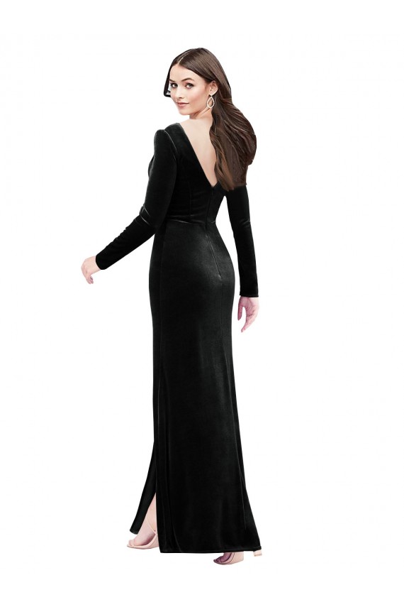 Long Sleeves Formal Velvet Bridesmaid Dress / Prom Dress with V-Neckline and Thigh Slit Melbourne