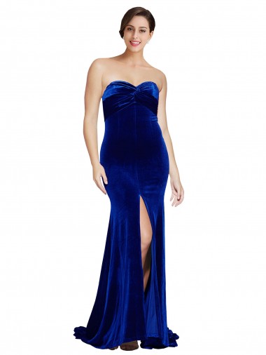 Shop Strapless Ruched Formal Velvet Bridesmaid Dress / Prom Dress with Sweep Train and Front Slit Melbourne