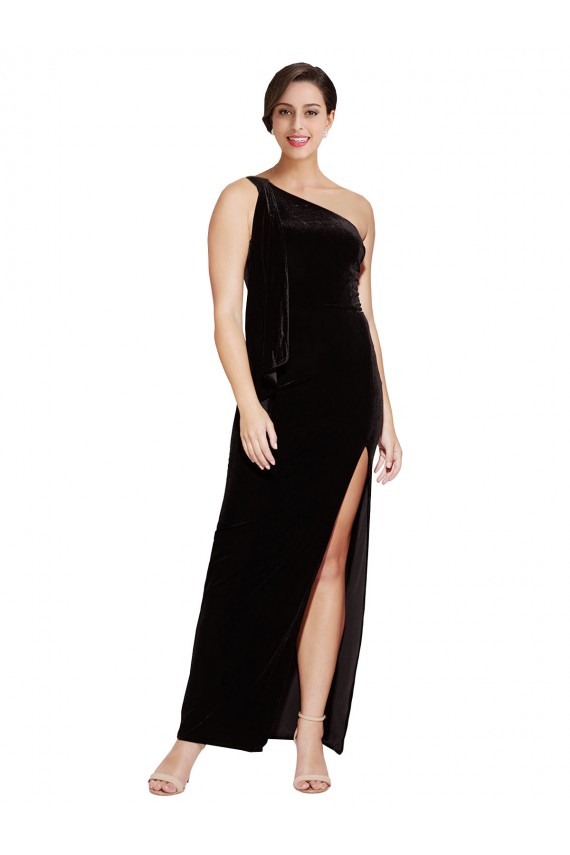 One Shoulder Long Formal Velvet Bridesmaid Dress / Prom Dress with Side Split and Shoulder Tie Melbourne
