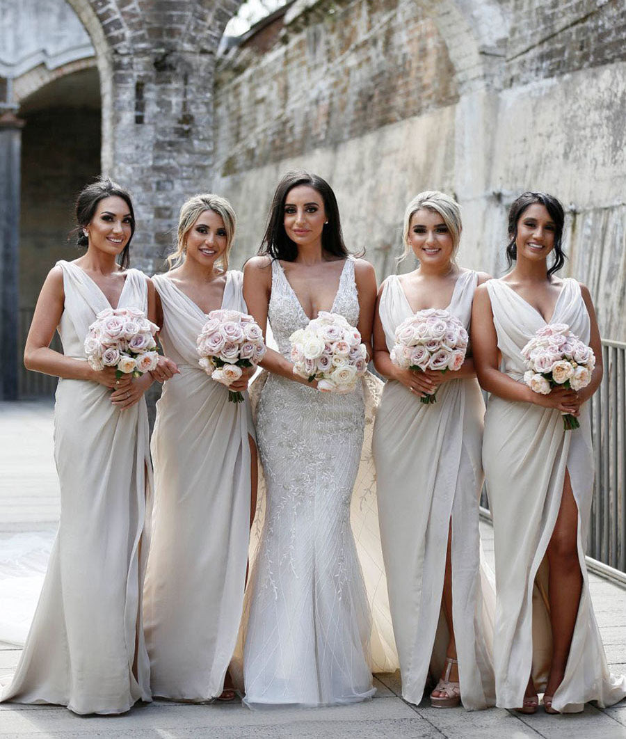 Full Length Luxe Chiffon Long Champagne bridesmaid dresses Melbourne with Sexy High Slit and Front Ruffles