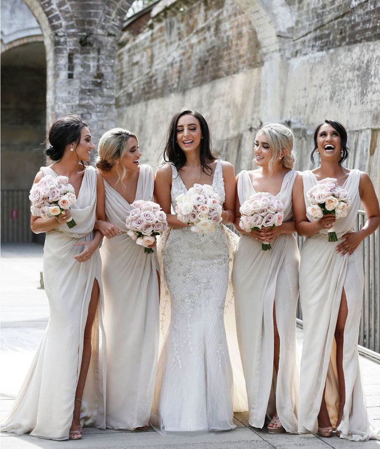 Full Length Luxe Chiffon Long Champagne bridesmaid dresses Melbourne with Sexy High Slit and Front Ruffles