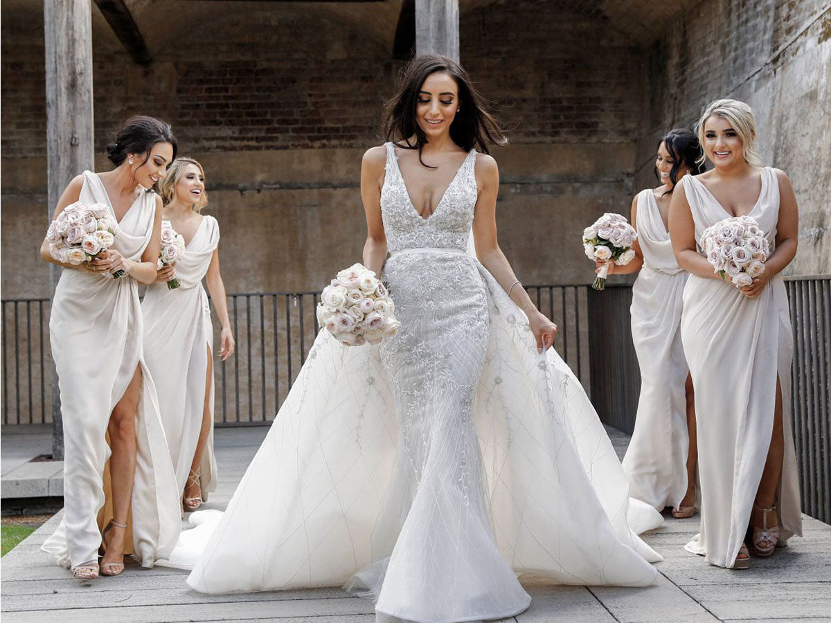 Full Length Luxe Chiffon Long Champagne bridesmaid dresses Melbourne with Sexy High Slit and Front Ruffles
