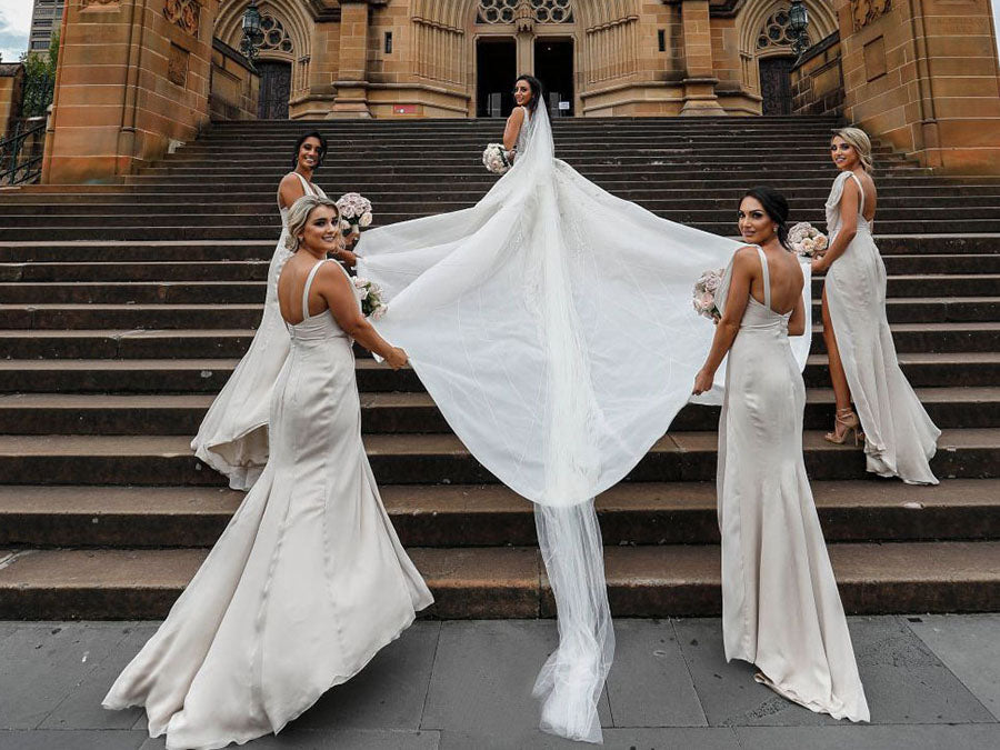 Full Length Luxe Chiffon Long Champagne bridesmaid dresses Melbourne with Sexy High Slit and Front Ruffles