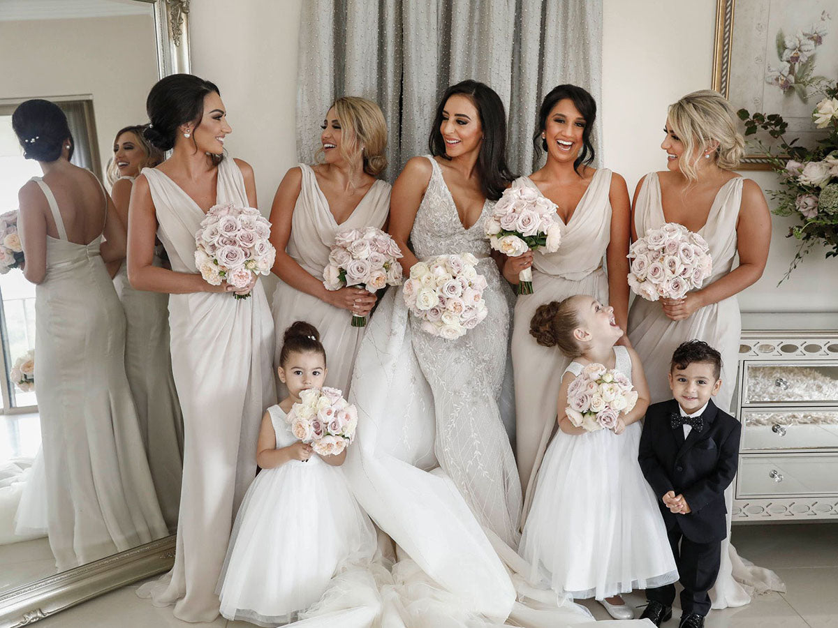 Full Length Luxe Chiffon Long Champagne bridesmaid dresses Melbourne with Sexy High Slit and Front Ruffles