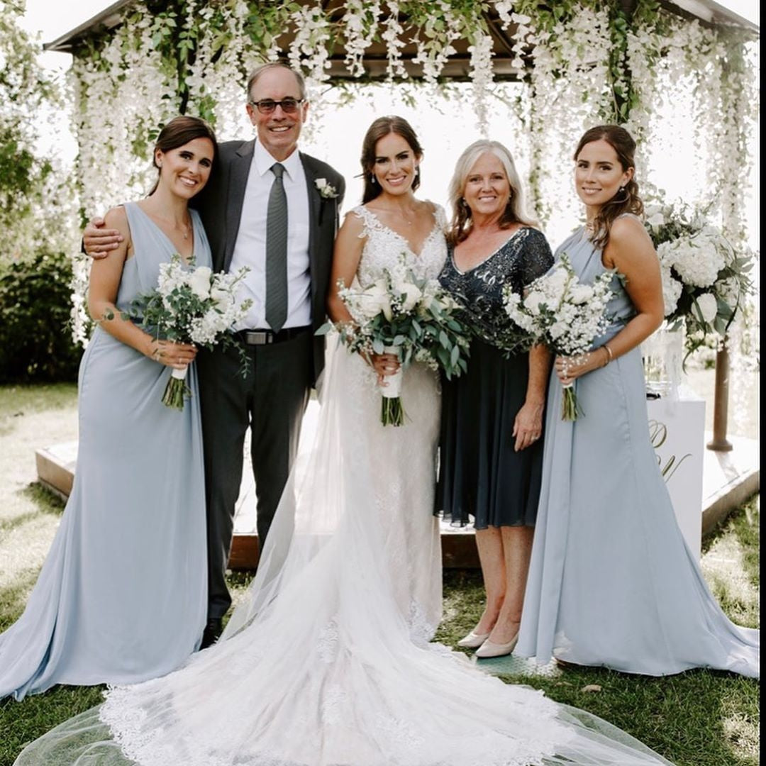 Dusty Blue Full Length Luxe Chiffon Long Champagne bridesmaid dresses Melbourne with Sexy High Slit and Front Ruffles