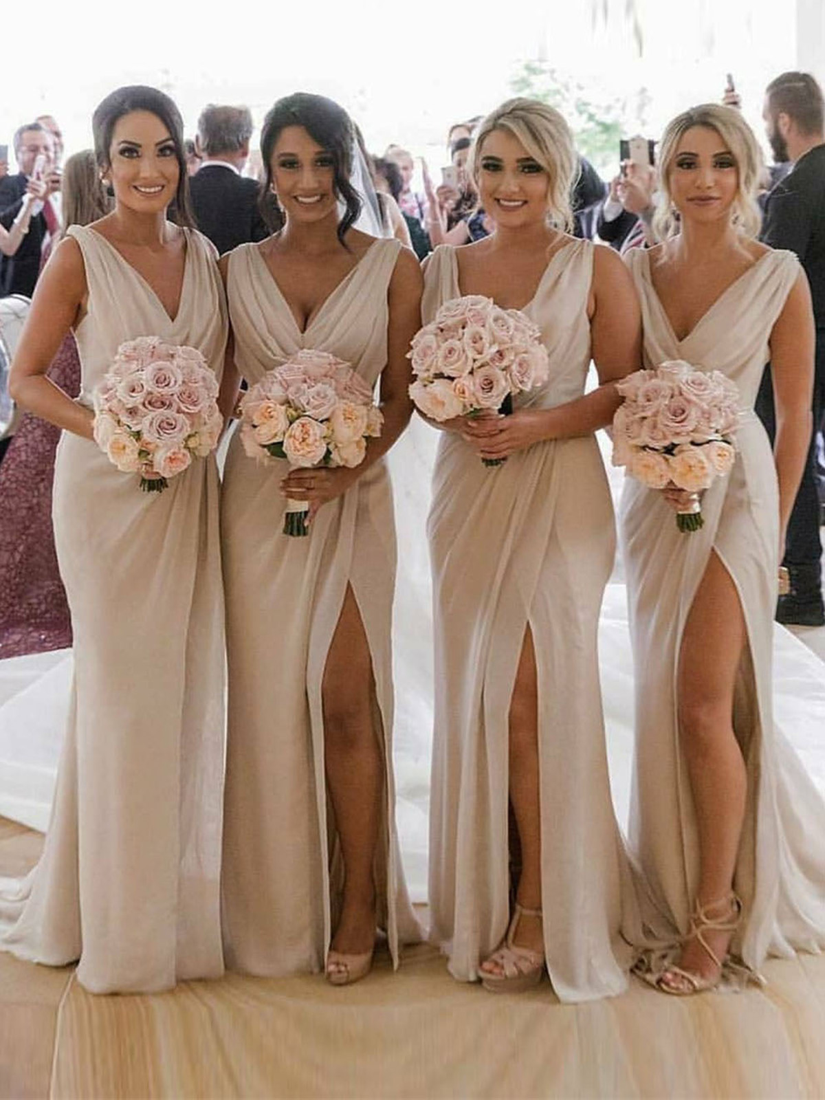 Champagne Full Length Luxe Chiffon Long Champagne bridesmaid dresses Melbourne with Sexy High Slit and Front Ruffles